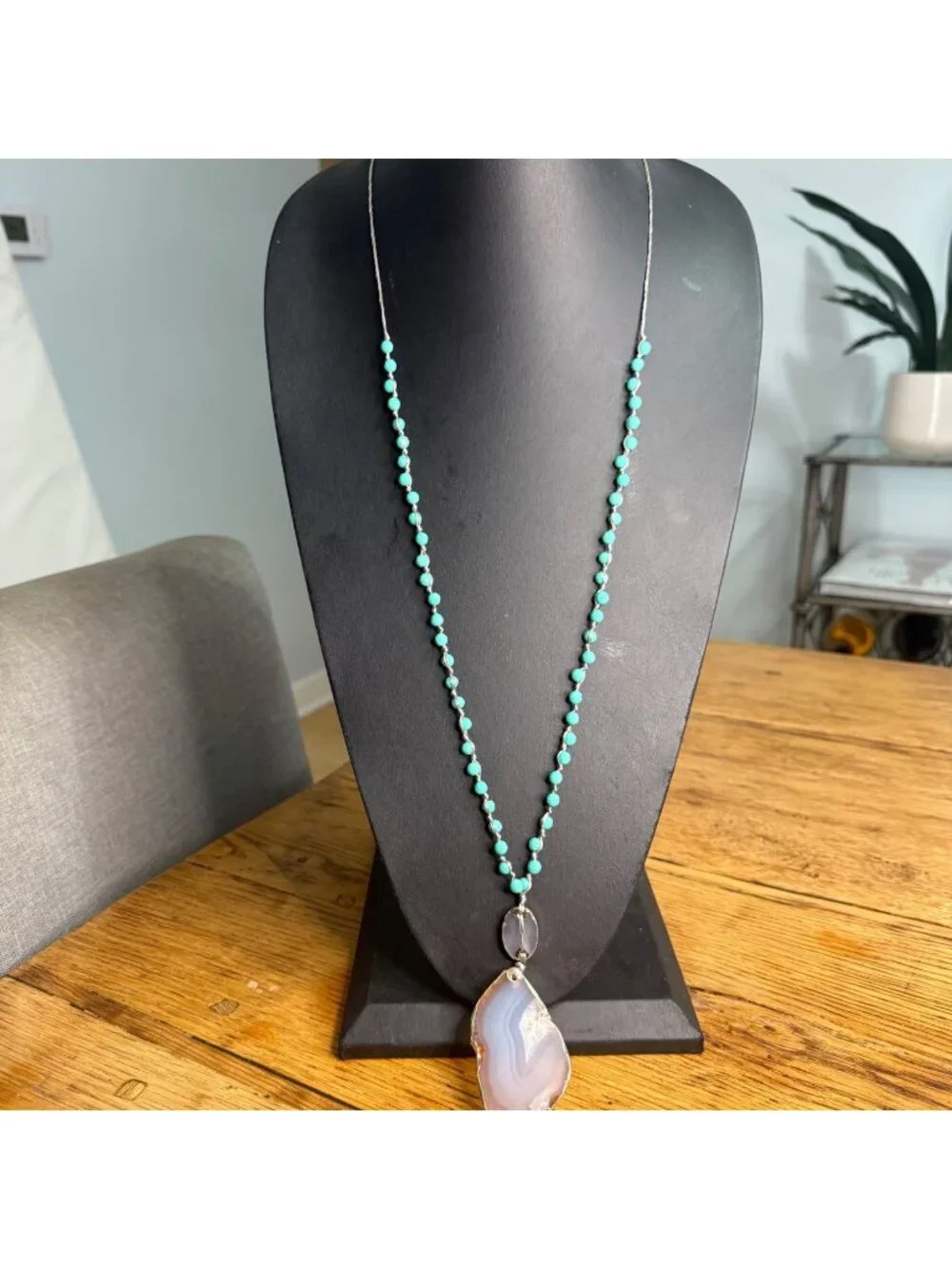 Necklace Purple Agate Pendant Blue Faceted Beads Hand Knotted Cord 36 inches